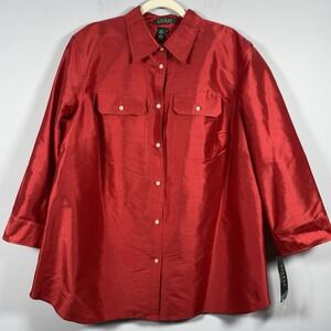 LAUREN RALPH LAUREN‎ Classic City Red Women 1x Button Up Shirt 100% Silk Blouse